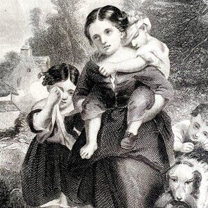 1859 Steel Engraving The Birds Nesters Victorian Mother And Children Art DWY5D